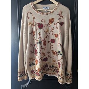 VTG Extra Point By Reference Point Beige Floral Leaf Embroidered Knit Sweater 3X